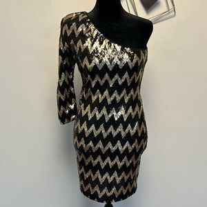 Black and gold long sleeve off cocktail dress